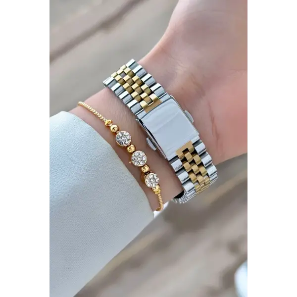 Gold Gümüş Renk Kadın Kol Saati ve Bileklik