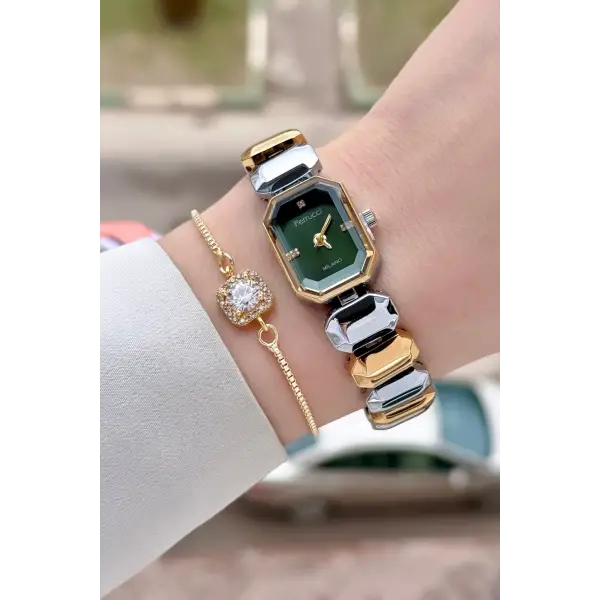 Kadranı Yeşil Kordonu Gold Gümüş Renk Kadın Kol Saati ve Bileklik