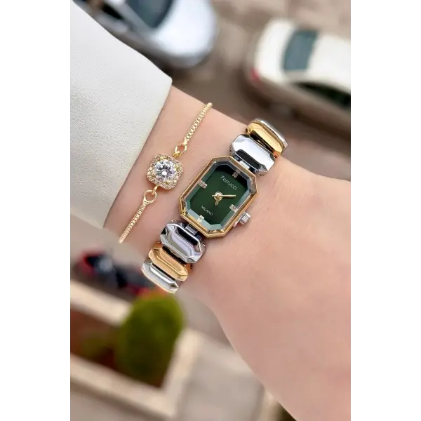 Kadranı Yeşil Kordonu Gold Gümüş Renk Kadın Kol Saati ve Bileklik