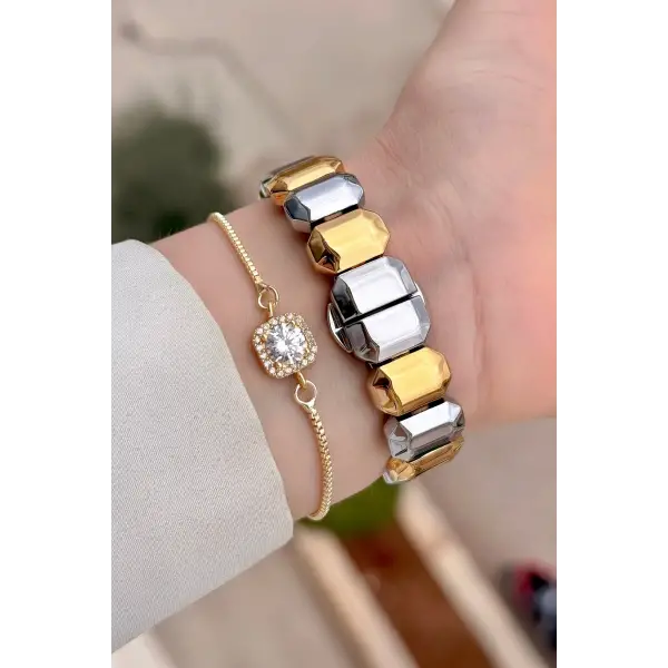 Kadranı Yeşil Kordonu Gold Gümüş Renk Kadın Kol Saati ve Bileklik