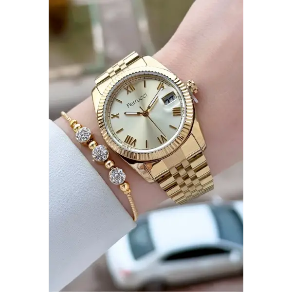 Gold Renk Kadın Kol Saati ve Bileklik