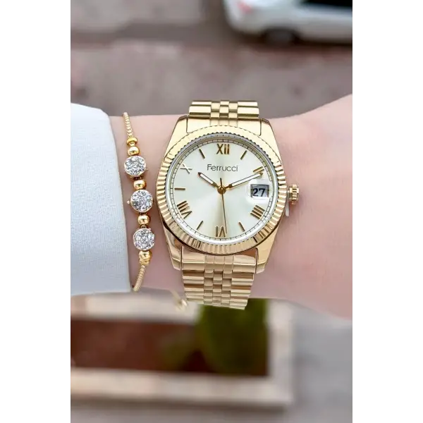 Gold Renk Kadın Kol Saati ve Bileklik