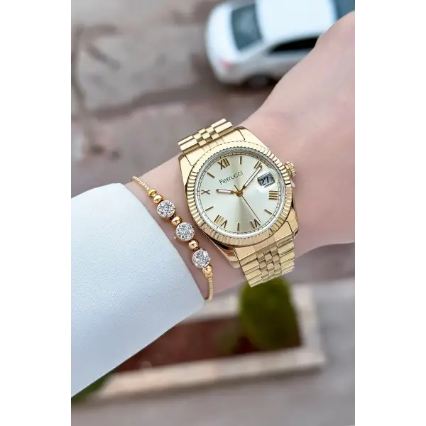 Gold Renk Kadın Kol Saati ve Bileklik