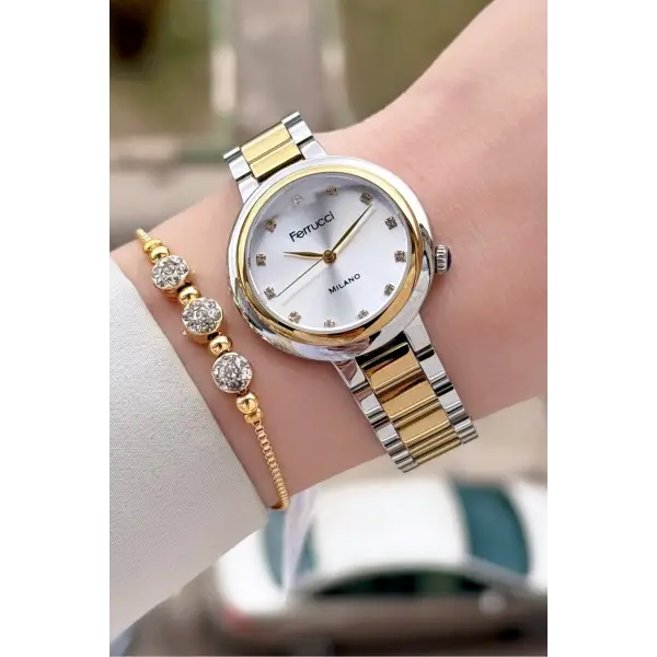 Gold Gümüş Renk Kadın Kol Saati ve Bileklik