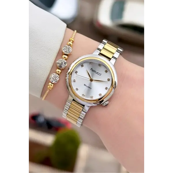 Gold Gümüş Renk Kadın Kol Saati ve Bileklik