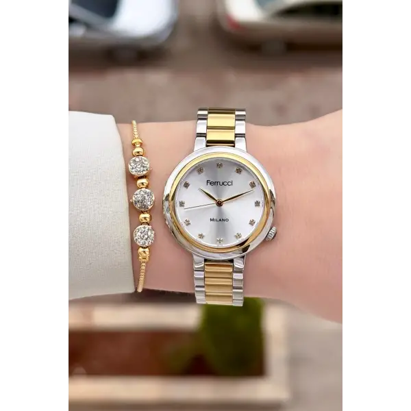 Gold Gümüş Renk Kadın Kol Saati ve Bileklik