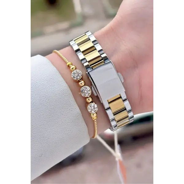 Gold Gümüş Renk Kadın Kol Saati ve Bileklik