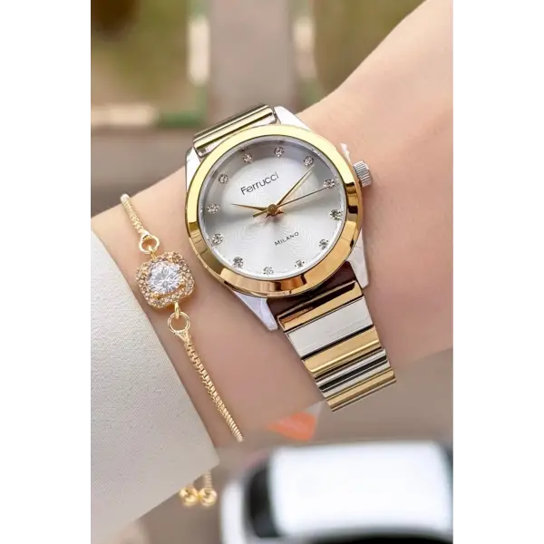 Gold Gümüş Renk Kadın Kol Saati ve Bileklik