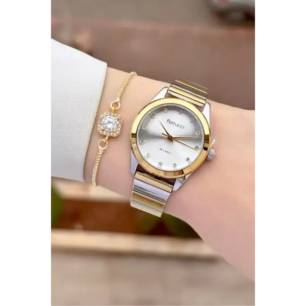 Gold Gümüş Renk Kadın Kol Saati ve Bileklik