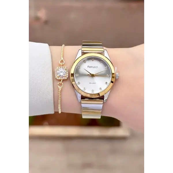 Gold Gümüş Renk Kadın Kol Saati ve Bileklik