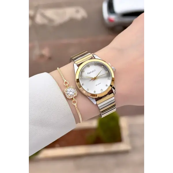 Gold Gümüş Renk Kadın Kol Saati ve Bileklik