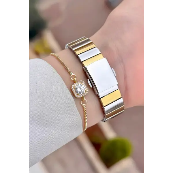 Gold Gümüş Renk Kadın Kol Saati ve Bileklik
