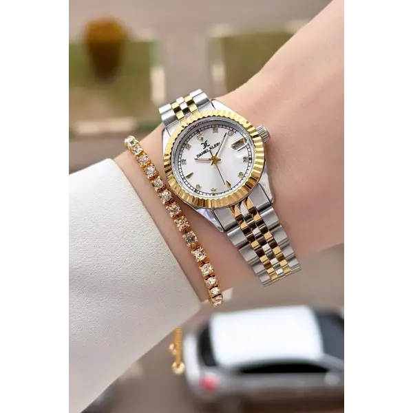 Gold Gümüş Renk 27 Mm Kadın Kol Saati ve Bileklik