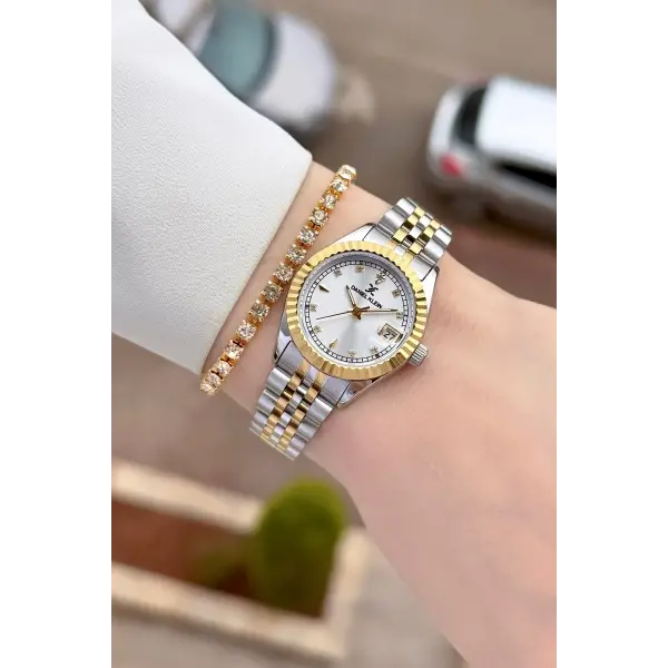 Gold Gümüş Renk 27 Mm Kadın Kol Saati ve Bileklik