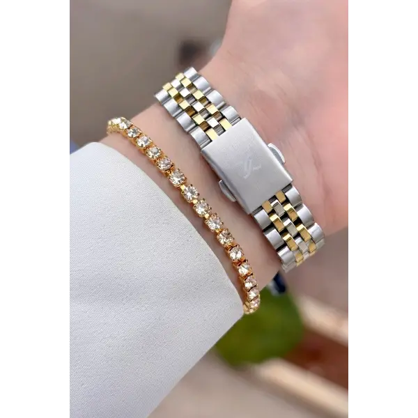 Gold Gümüş Renk 27 Mm Kadın Kol Saati ve Bileklik