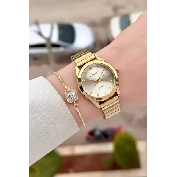 Gold Renk Kadın Kol Saati ve Bileklik