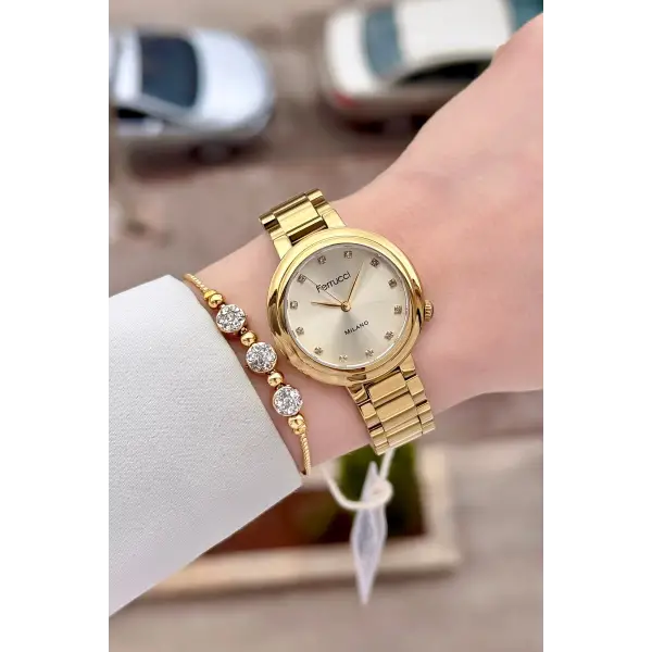 Gold Renk Kadın Kol Saati ve Bileklik