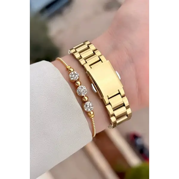 Gold Renk Kadın Kol Saati ve Bileklik