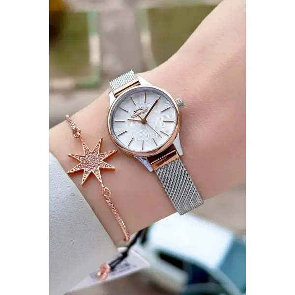 Rose Gümüş Renk Kadın Kol Saati ve Bileklik