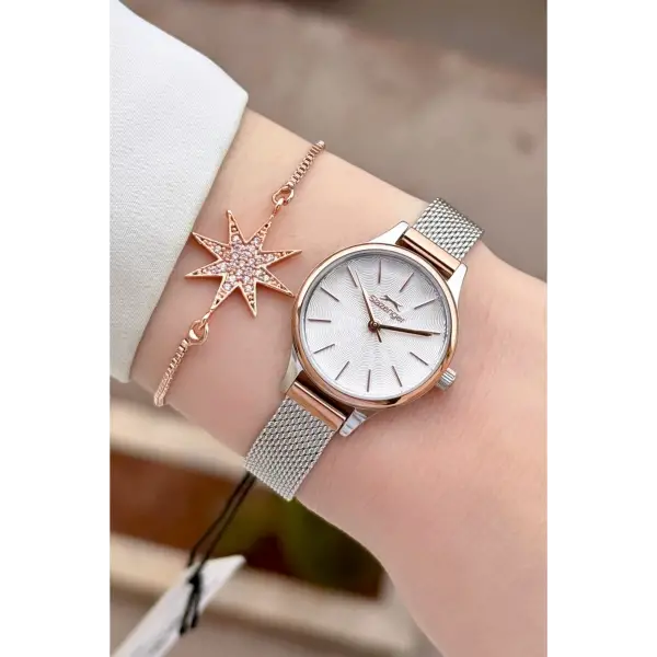 Rose Gümüş Renk Kadın Kol Saati ve Bileklik