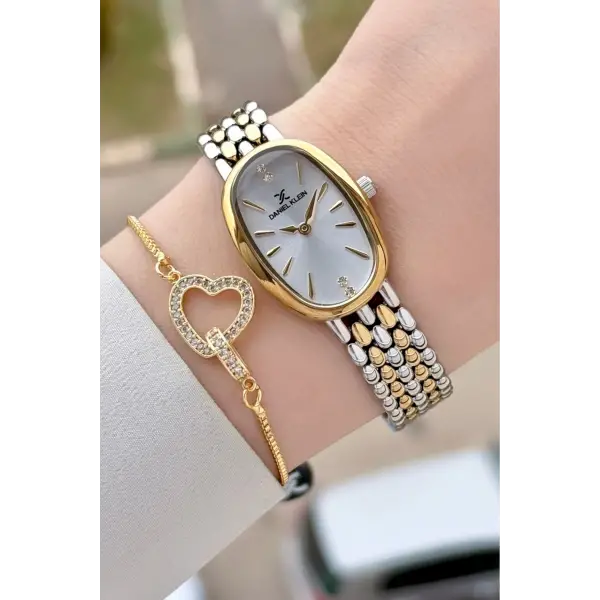 Gold Gümüş Renk Kadın Kol Saati ve Bileklik