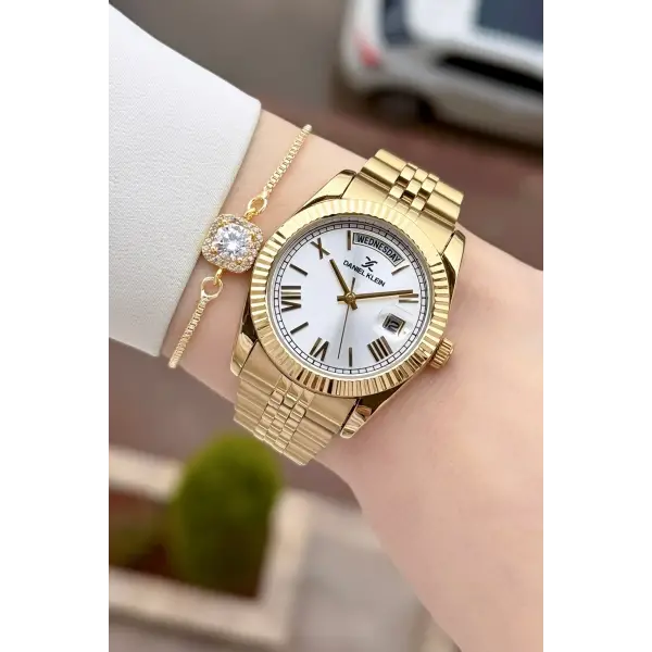 Gold Renk 36 Mm Kadın Kol Saati ve Bileklik