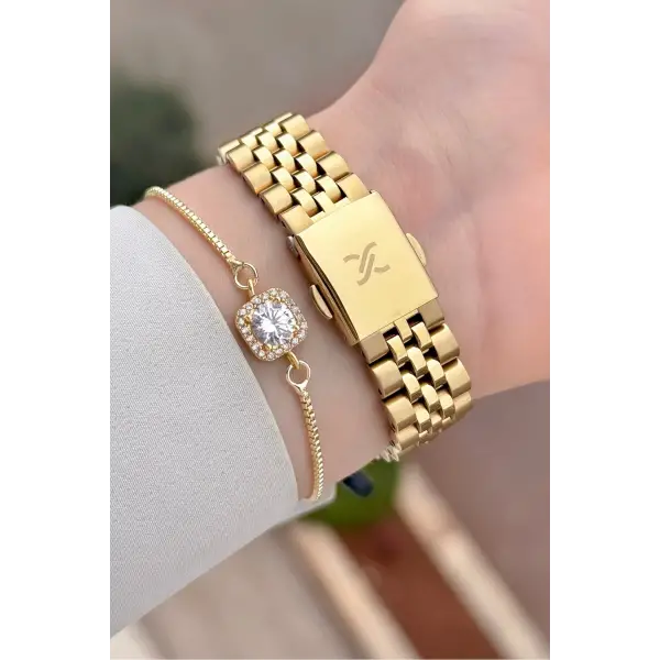 Gold Renk 36 Mm Kadın Kol Saati ve Bileklik