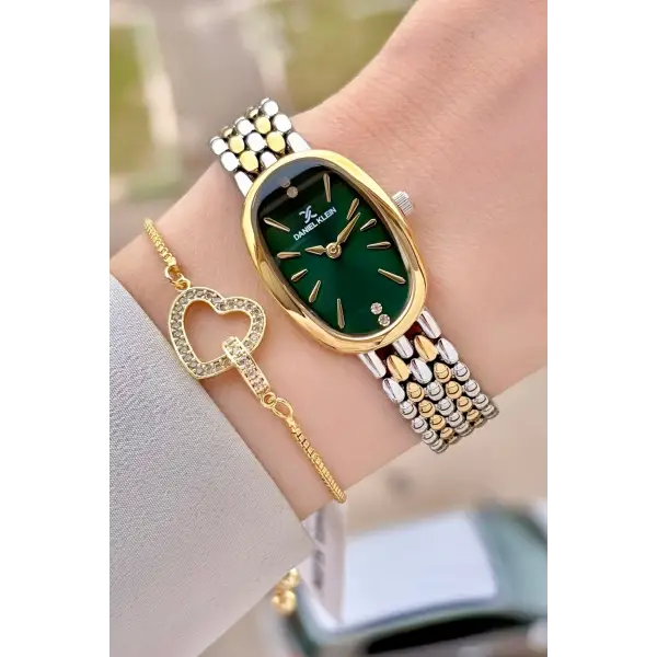 Kadranı Yeşil Kordonu Gold Gümüş Renk Kadın Kol Saati ve Bileklik