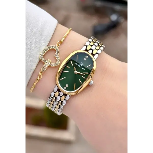 Kadranı Yeşil Kordonu Gold Gümüş Renk Kadın Kol Saati ve Bileklik