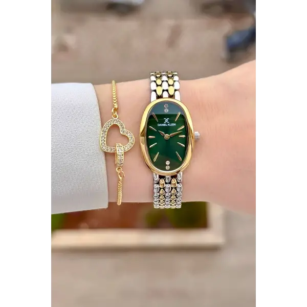 Kadranı Yeşil Kordonu Gold Gümüş Renk Kadın Kol Saati ve Bileklik