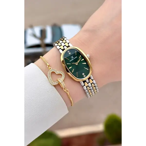Kadranı Yeşil Kordonu Gold Gümüş Renk Kadın Kol Saati ve Bileklik