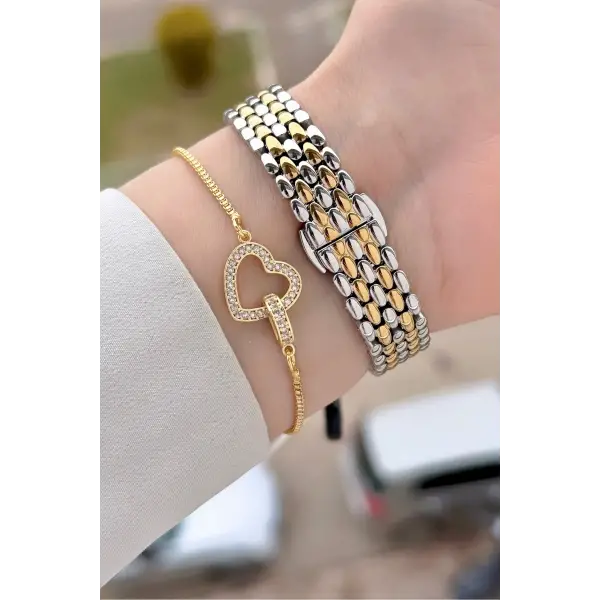 Kadranı Yeşil Kordonu Gold Gümüş Renk Kadın Kol Saati ve Bileklik