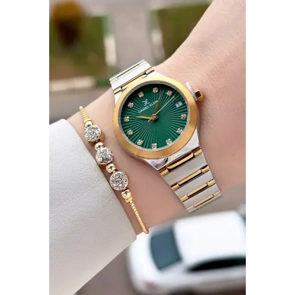Kadranı Yeşil Kordonu Gold Gümüş Renk 30 Mm Kadın Kol Saati ve Bileklik