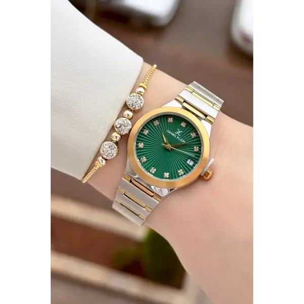 Kadranı Yeşil Kordonu Gold Gümüş Renk 30 Mm Kadın Kol Saati ve Bileklik