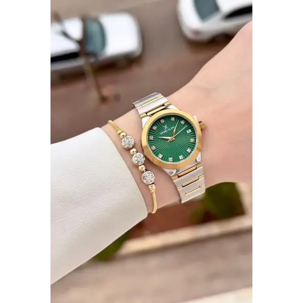 Kadranı Yeşil Kordonu Gold Gümüş Renk 30 Mm Kadın Kol Saati ve Bileklik