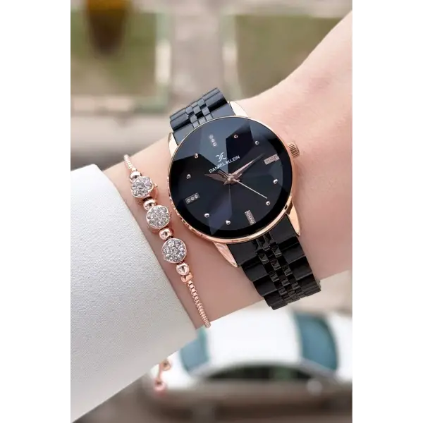 Kasası Rose Kordonu Siyah Renk 32 Mm Kadın Kol Saati ve Bileklik