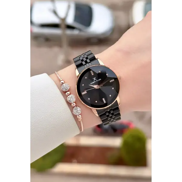 Kasası Rose Kordonu Siyah Renk 32 Mm Kadın Kol Saati ve Bileklik