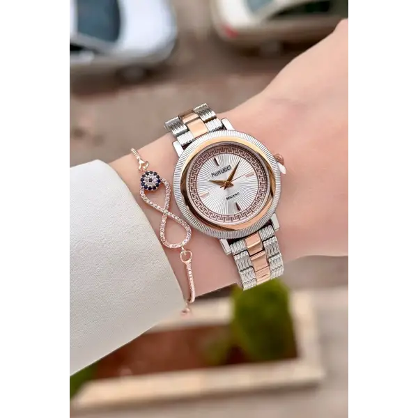 Rose Gümüş Renk Kadın Kol Saati ve Bileklik