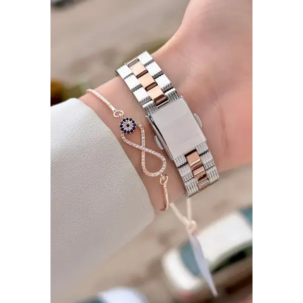 Rose Gümüş Renk Kadın Kol Saati ve Bileklik