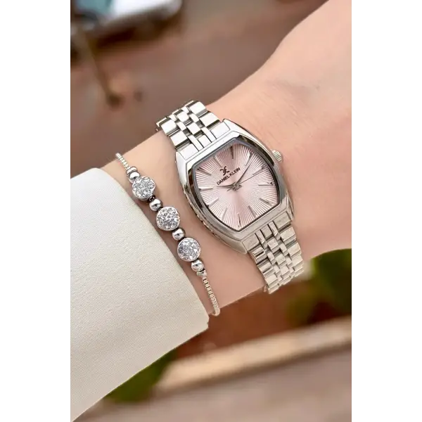 Kadranı Pembe Kordonu Gümüş Renk Kadın Kol Saati ve Bileklik