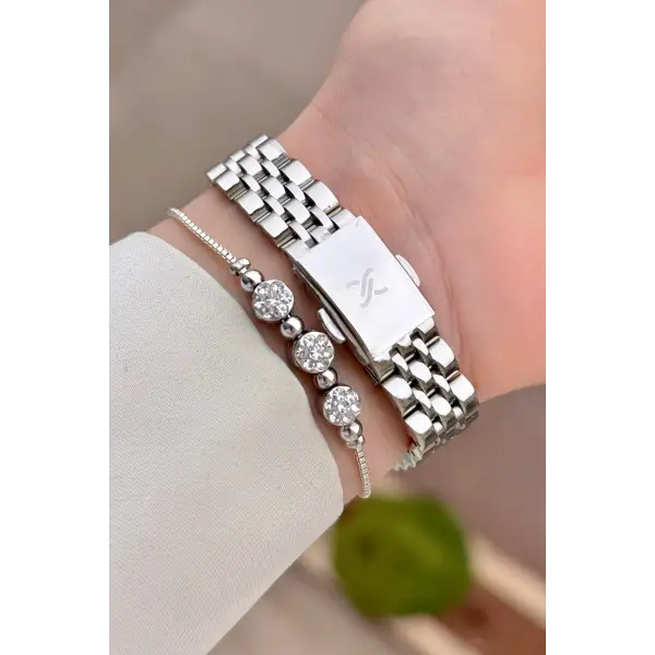 Kadranı Pembe Kordonu Gümüş Renk Kadın Kol Saati ve Bileklik