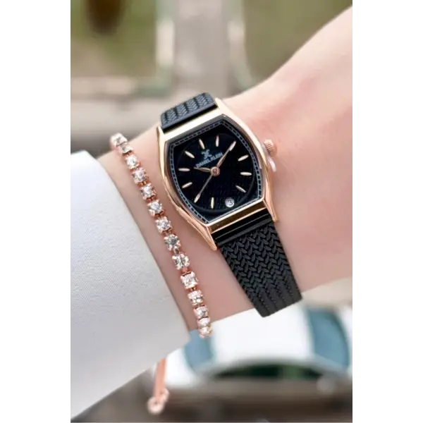 Kasası Rose Kordonu Siyah Renk Kadın Kol Saati ve Bileklik