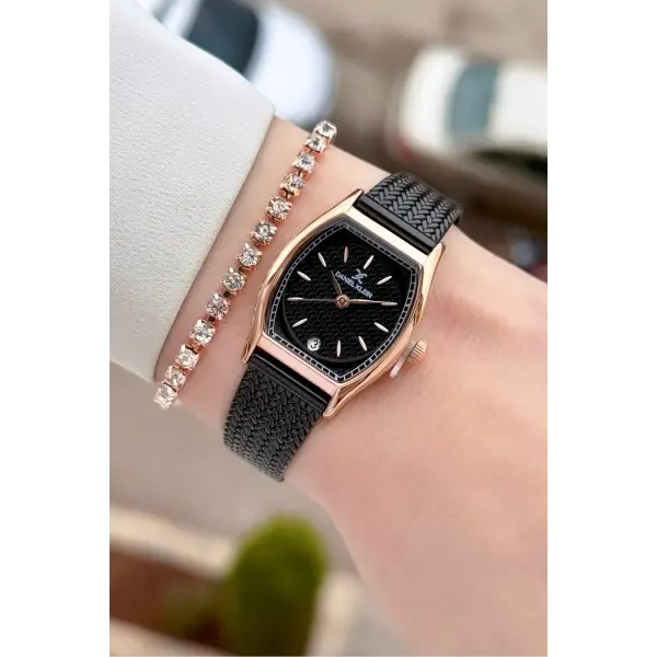 Kasası Rose Kordonu Siyah Renk Kadın Kol Saati ve Bileklik