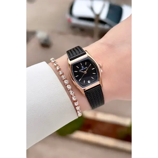Kasası Rose Kordonu Siyah Renk Kadın Kol Saati ve Bileklik