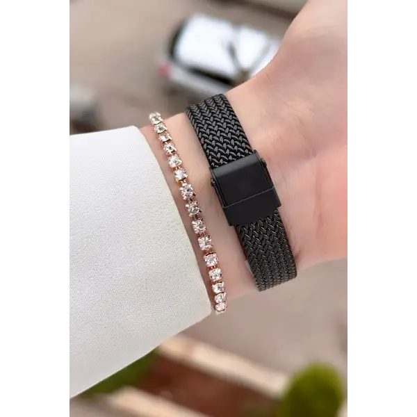 Kasası Rose Kordonu Siyah Renk Kadın Kol Saati ve Bileklik