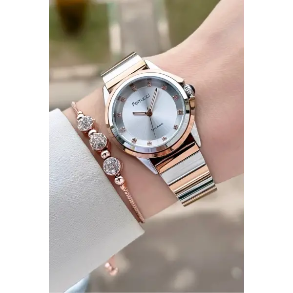 Rose Gümüş Renk Kadın Kol Saati ve Bileklik