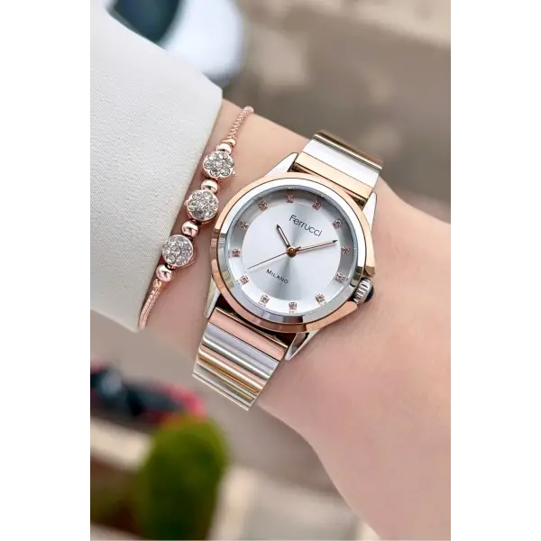 Rose Gümüş Renk Kadın Kol Saati ve Bileklik