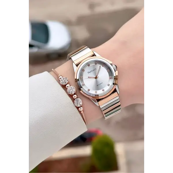 Rose Gümüş Renk Kadın Kol Saati ve Bileklik