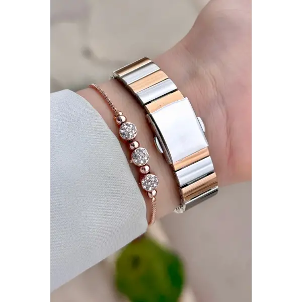 Rose Gümüş Renk Kadın Kol Saati ve Bileklik