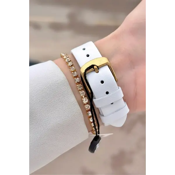 Kasası Gold Kordonu Beyaz Renk Kadın Kol Saati ve Bileklik